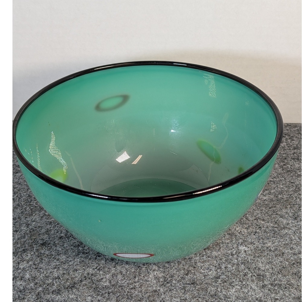 Blown Glass Studio Art Bowl Seafoam Green Multi Color Rimmed Dots Black Rim